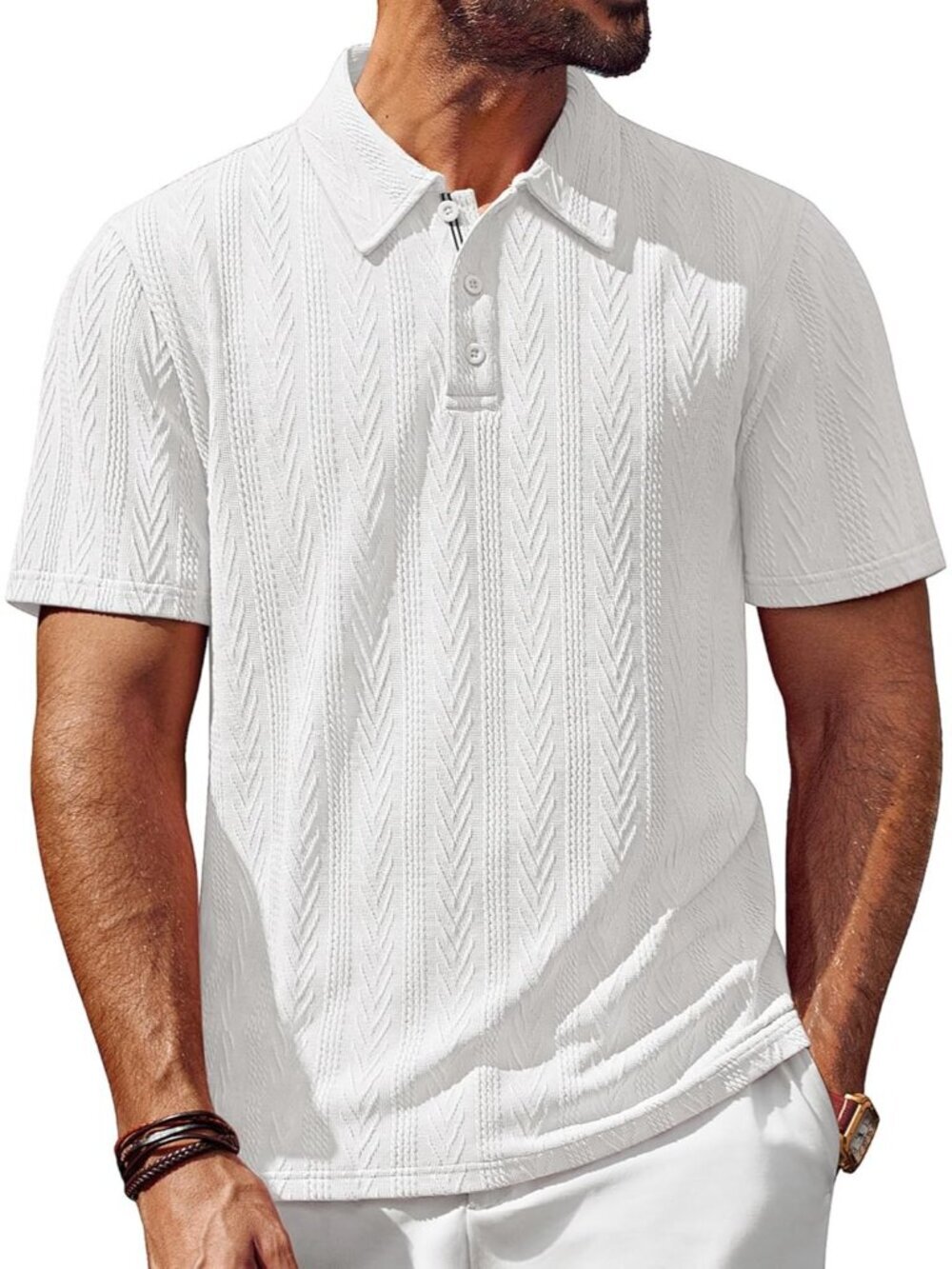 Men's White Polo Shirts Short Sleeve Casual Textured Knit Golf Collared